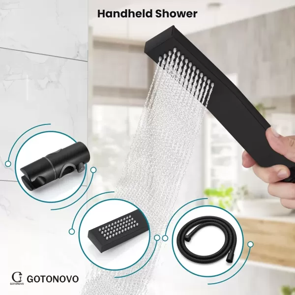 imageMatte Black Exposed Shower System Set 8 Rain Shower Single HandleTriple Function Tub Spout Shower Faucet Fixture Combo Unit SetSquare