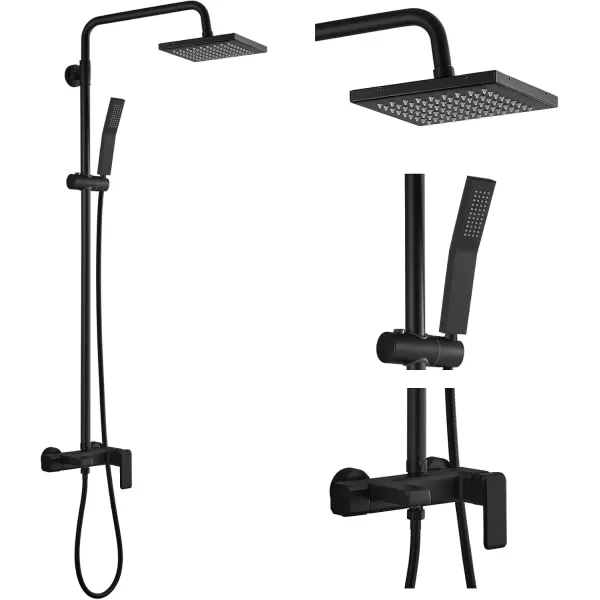 imageMatte Black Exposed Shower System Set 8 Rain Shower Single HandleTriple Function Tub Spout Shower Faucet Fixture Combo Unit SetSquare