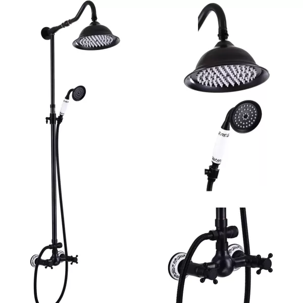 imageOil Rubbed Bronze Exposed Shower System Fixture Set Complete 8 Rain Shower 2 Double Knobs Handle Dual Function Shower Faucet Combo Unit Set 12 Inch Extension