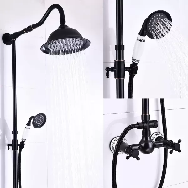 imageOil Rubbed Bronze Exposed Shower System Fixture Set Complete 8 Rain Shower 2 Double Knobs Handle Dual Function Shower Faucet Combo Unit Set 12 Inch Extension