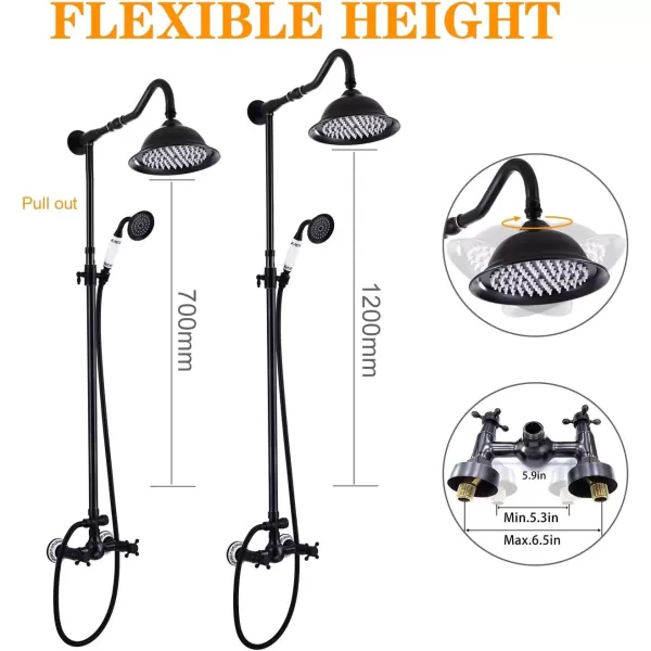 imageOil Rubbed Bronze Exposed Shower System Fixture Set Complete 8 Rain Shower 2 Double Knobs Handle Dual Function Shower Faucet Combo Unit Set 12 Inch Extension