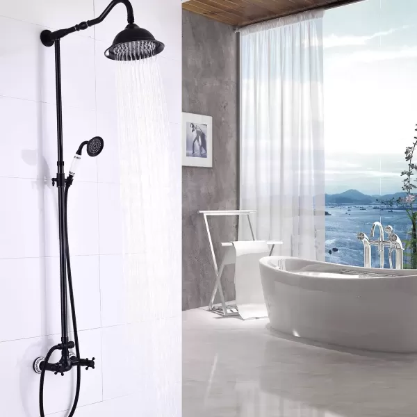 imageOil Rubbed Bronze Exposed Shower System Fixture Set Complete 8 Rain Shower 2 Double Knobs Handle Dual Function Shower Faucet Combo Unit Set 12 Inch Extension