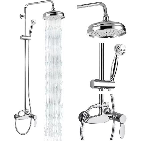 imagePolish Chrome Shower Fixture System Shower Faucet Set 8 Inch Round Rainfall Shower Head Exposed Single Handle Dual Function