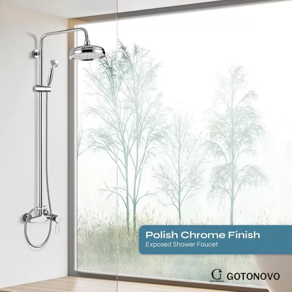 imagePolish Chrome Shower Fixture System Shower Faucet Set 8 Inch Round Rainfall Shower Head Exposed Single Handle Dual Function
