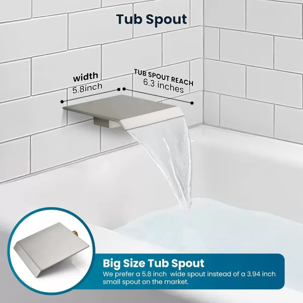 imagegotonovo 10 Rain Shower Faucet System Rainfall Shower Head with Handheld Sprayer Waterfall Tub Spout Wall Mounted Mixer Combo Roughin Valve and Trim Included 79 Inch Wide Spout Brushed NickelBrushed Nickel