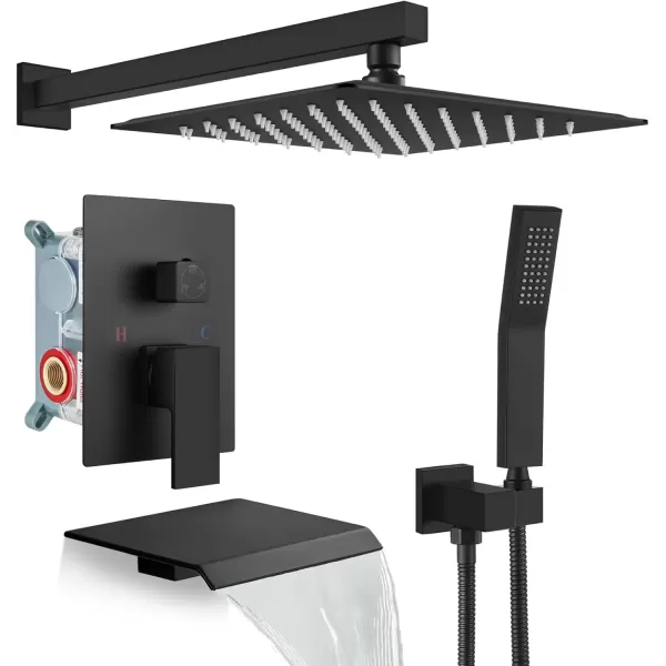 imagegotonovo 10 Rain Shower Faucet System Rainfall Shower Head with Handheld Sprayer Waterfall Tub Spout Wall Mounted Mixer Combo Roughin Valve and Trim Included 79 Inch Wide Spout Brushed NickelMatte Black