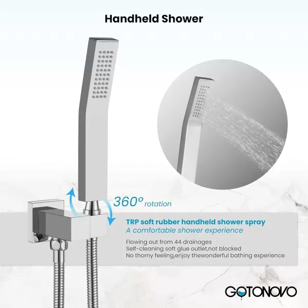imagegotonovo 10 Rain Shower Faucet System Rainfall Shower Head with Handheld Sprayer Waterfall Tub Spout Wall Mounted Mixer Combo Roughin Valve and Trim Included 79 Inch Wide Spout Brushed NickelPolished Chrome