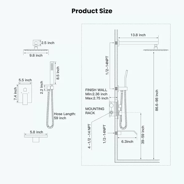 imagegotonovo 10 Rain Shower Faucet System Rainfall Shower Head with Handheld Sprayer Waterfall Tub Spout Wall Mounted Mixer Combo Roughin Valve and Trim Included 79 Inch Wide Spout Brushed NickelBrushed Nickel