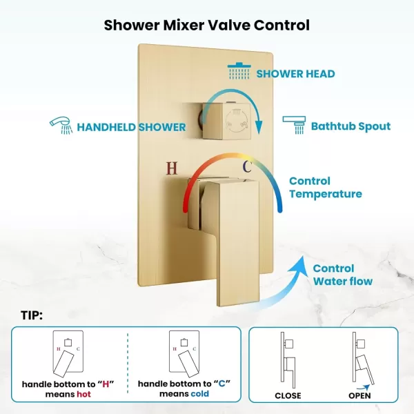 imagegotonovo 10 Rain Shower Faucet System Rainfall Shower Head with Handheld Sprayer Waterfall Tub Spout Wall Mounted Mixer Combo Roughin Valve and Trim Included 79 Inch Wide Spout Brushed NickelBrushed Gold