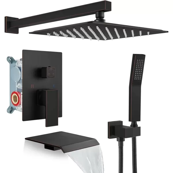 imagegotonovo 10 Rain Shower Faucet System Rainfall Shower Head with Handheld Sprayer Waterfall Tub Spout Wall Mounted Mixer Combo Roughin Valve and Trim Included 79 Inch Wide Spout Brushed NickelOil Rubbed Bronze