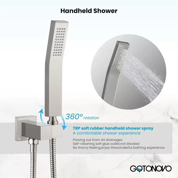 imagegotonovo 10 Rain Shower Faucet System Rainfall Shower Head with Handheld Sprayer Waterfall Tub Spout Wall Mounted Mixer Combo Roughin Valve and Trim Included 79 Inch Wide Spout Brushed NickelBrushed Nickel