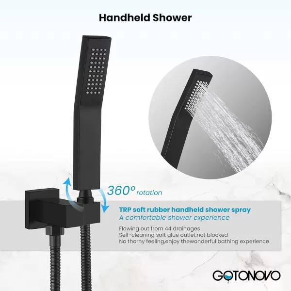 imagegotonovo 10 Rain Shower Faucet System Rainfall Shower Head with Handheld Sprayer Waterfall Tub Spout Wall Mounted Mixer Combo Roughin Valve and Trim Included 79 Inch Wide Spout Brushed NickelMatte Black
