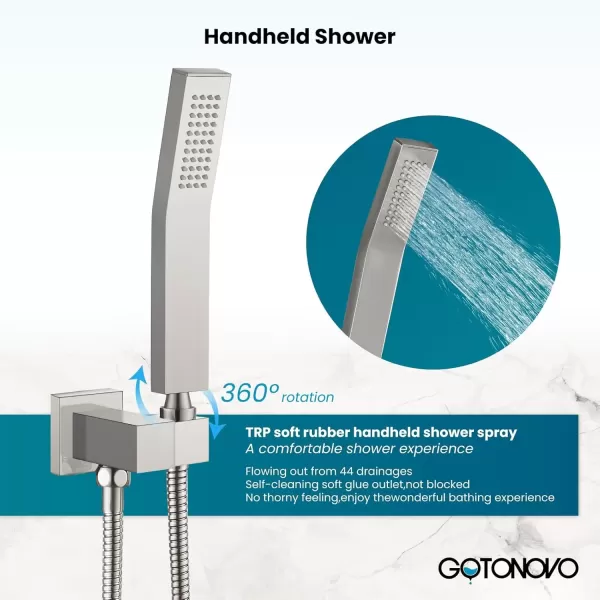 imagegotonovo 10 Rain Shower Faucet System Rainfall Shower Head with Handheld Sprayer Waterfall Tub Spout Wall Mounted Mixer Combo Roughin Valve and Trim Included 79 Inch Wide Spout Brushed NickelBrushed Nickel