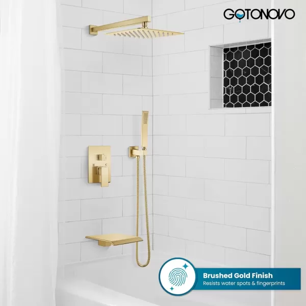 imagegotonovo 10 Rain Shower Faucet System Rainfall Shower Head with Handheld Sprayer Waterfall Tub Spout Wall Mounted Mixer Combo Roughin Valve and Trim Included 79 Inch Wide Spout Brushed NickelBrushed Gold