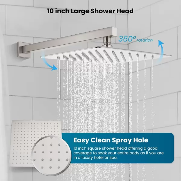 imagegotonovo 10 Rain Shower Faucet System Rainfall Shower Head with Handheld Sprayer Waterfall Tub Spout Wall Mounted Mixer Combo Roughin Valve and Trim Included 79 Inch Wide Spout Brushed NickelBrushed Nickel