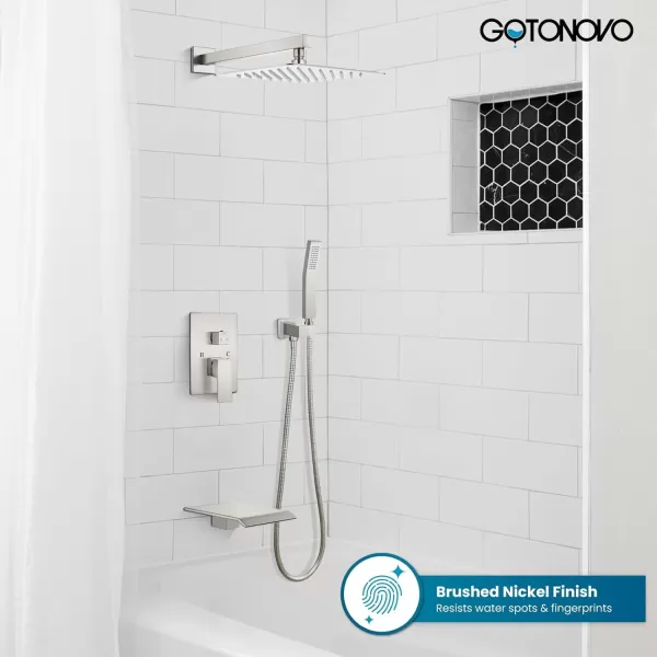 imagegotonovo 10 Rain Shower Faucet System Rainfall Shower Head with Handheld Sprayer Waterfall Tub Spout Wall Mounted Mixer Combo Roughin Valve and Trim Included 79 Inch Wide Spout Brushed NickelBrushed Nickel