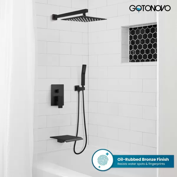 imagegotonovo 10 Rain Shower Faucet System Rainfall Shower Head with Handheld Sprayer Waterfall Tub Spout Wall Mounted Mixer Combo Roughin Valve and Trim Included 79 Inch Wide Spout Brushed NickelOil Rubbed Bronze