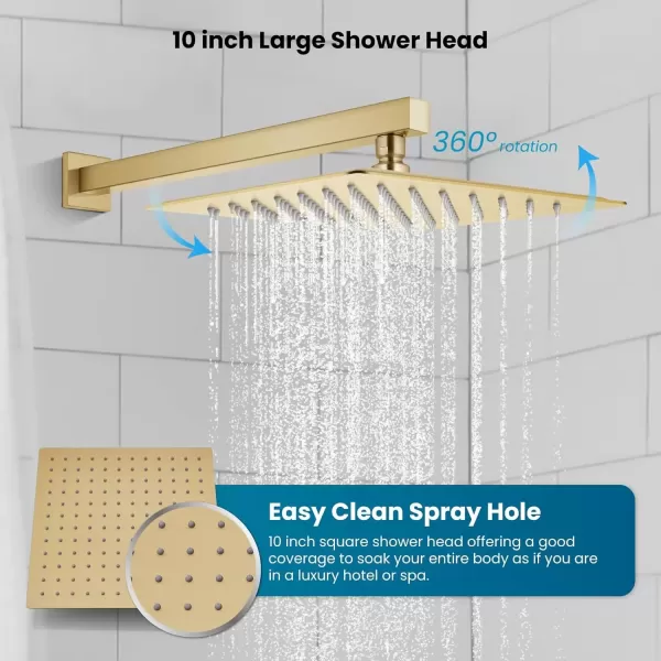 imagegotonovo 10 Rain Shower Faucet System Rainfall Shower Head with Handheld Sprayer Waterfall Tub Spout Wall Mounted Mixer Combo Roughin Valve and Trim Included 79 Inch Wide Spout Brushed NickelBrushed Gold