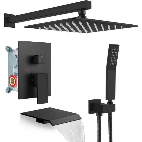imagegotonovo 10 Rain Shower Faucet System Rainfall Shower Head with Handheld Sprayer Waterfall Tub Spout Wall Mounted Mixer Combo Roughin Valve and Trim Included 79 Inch Wide Spout Brushed NickelMatte Black