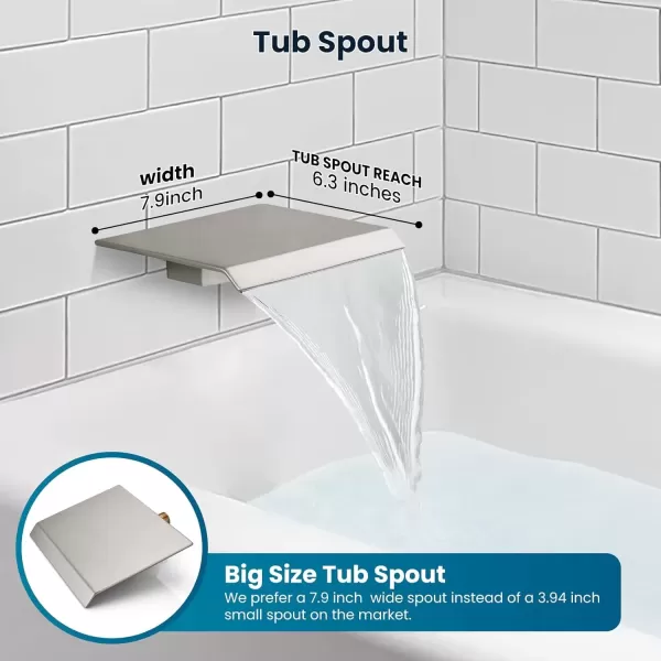 imagegotonovo 10 Rain Shower Faucet System Rainfall Shower Head with Handheld Sprayer Waterfall Tub Spout Wall Mounted Mixer Combo Roughin Valve and Trim Included 79 Inch Wide Spout Brushed NickelBrushed Nickel