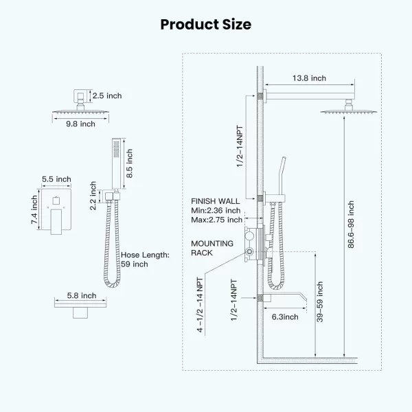 imagegotonovo 10 Rain Shower Faucet System Rainfall Shower Head with Handheld Sprayer Waterfall Tub Spout Wall Mounted Mixer Combo Roughin Valve and Trim Included 79 Inch Wide Spout Brushed NickelPolished Chrome