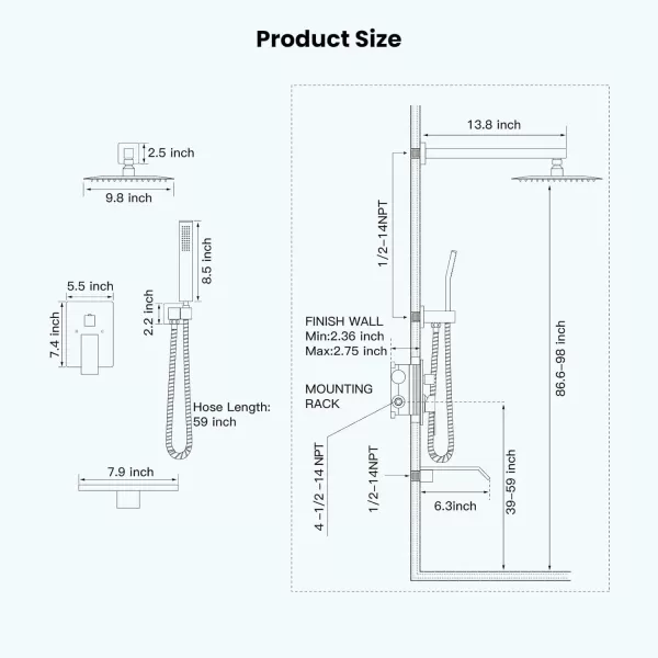 imagegotonovo 10 Rain Shower Faucet System Rainfall Shower Head with Handheld Sprayer Waterfall Tub Spout Wall Mounted Mixer Combo Roughin Valve and Trim Included 79 Inch Wide Spout Brushed NickelBrushed Gold