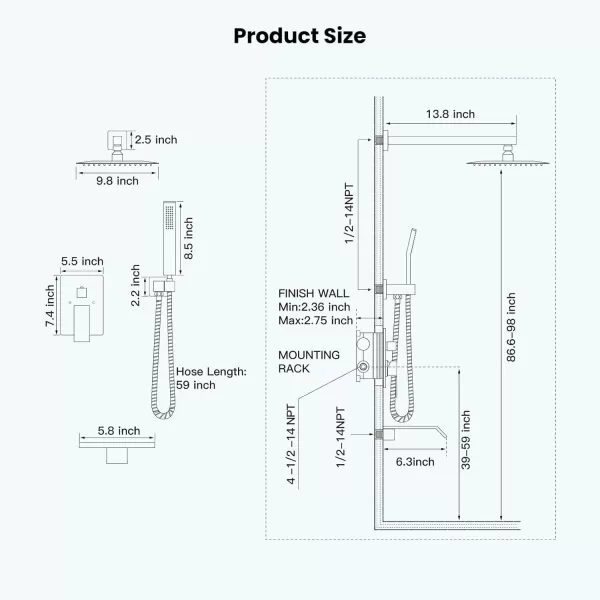 imagegotonovo 10 Rain Shower Faucet System Rainfall Shower Head with Handheld Sprayer Waterfall Tub Spout Wall Mounted Mixer Combo Roughin Valve and Trim Included 79 Inch Wide Spout Brushed NickelOil Rubbed Bronze