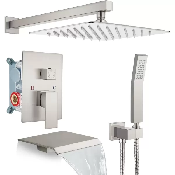 imagegotonovo 10 Rain Shower Faucet System Rainfall Shower Head with Handheld Sprayer Waterfall Tub Spout Wall Mounted Mixer Combo Roughin Valve and Trim Included 79 Inch Wide Spout Brushed NickelBrushed Nickel