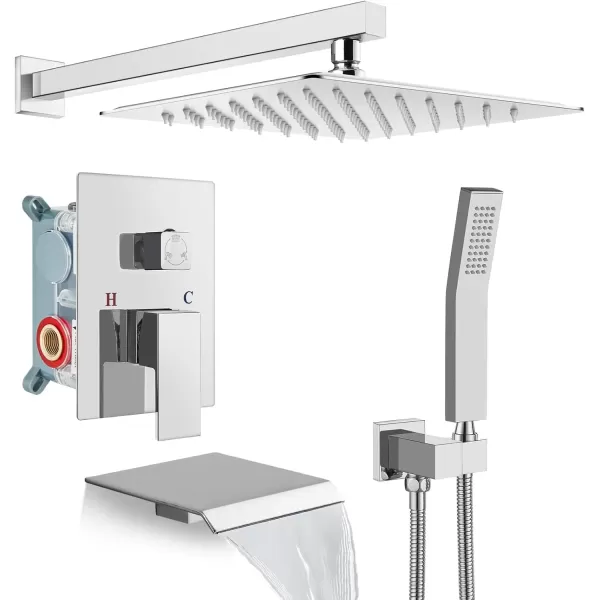 imagegotonovo 10 Rain Shower Faucet System Rainfall Shower Head with Handheld Sprayer Waterfall Tub Spout Wall Mounted Mixer Combo Roughin Valve and Trim Included 79 Inch Wide Spout Brushed NickelPolished Chrome