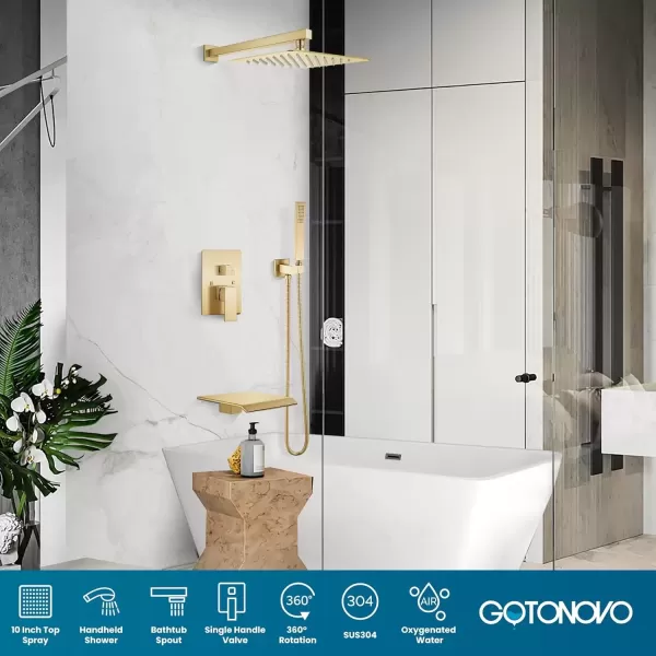 imagegotonovo 10 Rain Shower Faucet System Rainfall Shower Head with Handheld Sprayer Waterfall Tub Spout Wall Mounted Mixer Combo Roughin Valve and Trim Included 79 Inch Wide Spout Brushed NickelBrushed Gold