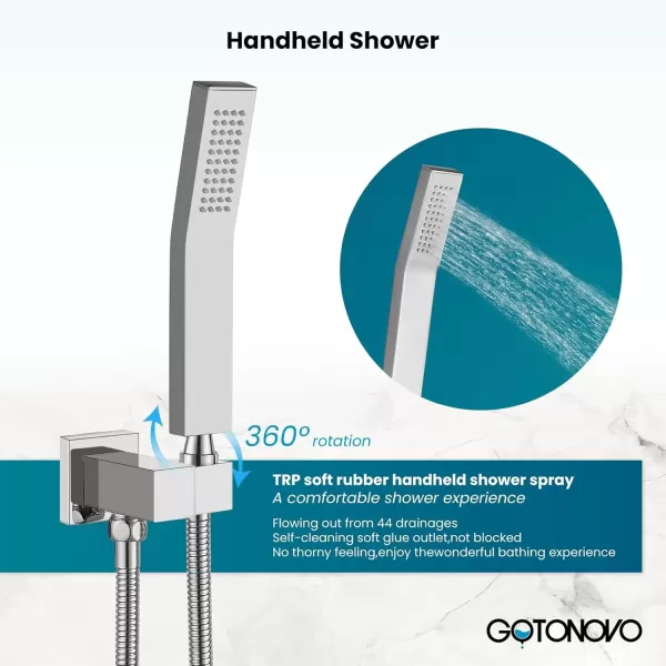 imagegotonovo 10 Rain Shower Faucet System Rainfall Shower Head with Handheld Sprayer Waterfall Tub Spout Wall Mounted Mixer Combo Roughin Valve and Trim Included 79 Inch Wide Spout Brushed NickelPolished Chrome