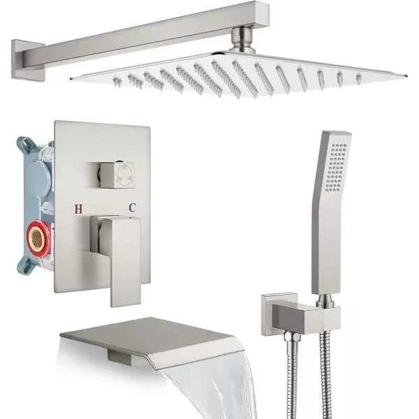 imagegotonovo 10 Rain Shower Faucet System Rainfall Shower Head with Handheld Sprayer Waterfall Tub Spout Wall Mounted Mixer Combo Roughin Valve and Trim Included 79 Inch Wide Spout Brushed NickelBrushed Nickel