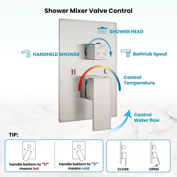 imagegotonovo 10 Rain Shower Faucet System Rainfall Shower Head with Handheld Sprayer Waterfall Tub Spout Wall Mounted Mixer Combo Roughin Valve and Trim Included 79 Inch Wide Spout Brushed NickelBrushed Nickel