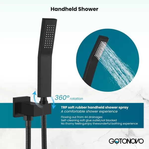 imagegotonovo 10 Rain Shower Faucet System Rainfall Shower Head with Handheld Sprayer Waterfall Tub Spout Wall Mounted Mixer Combo Roughin Valve and Trim Included 79 Inch Wide Spout Brushed NickelMatte Black