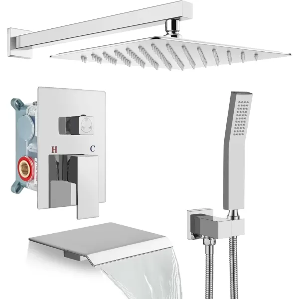 imagegotonovo 10 Rain Shower Faucet System Rainfall Shower Head with Handheld Sprayer Waterfall Tub Spout Wall Mounted Mixer Combo Roughin Valve and Trim Included 79 Inch Wide Spout Brushed NickelPolished Chrome