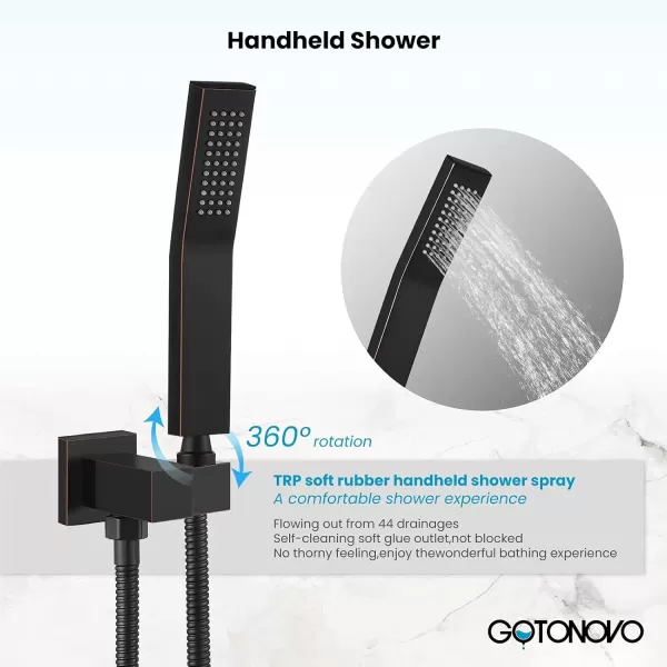 imagegotonovo 10 Rain Shower Faucet System Rainfall Shower Head with Handheld Sprayer Waterfall Tub Spout Wall Mounted Mixer Combo Roughin Valve and Trim Included 79 Inch Wide Spout Brushed NickelOil Rubbed Bronze