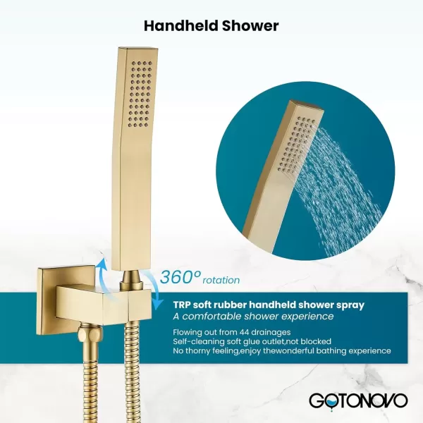 imagegotonovo 10 Rain Shower Faucet System Rainfall Shower Head with Handheld Sprayer Waterfall Tub Spout Wall Mounted Mixer Combo Roughin Valve and Trim Included 79 Inch Wide Spout Brushed NickelBrushed Gold