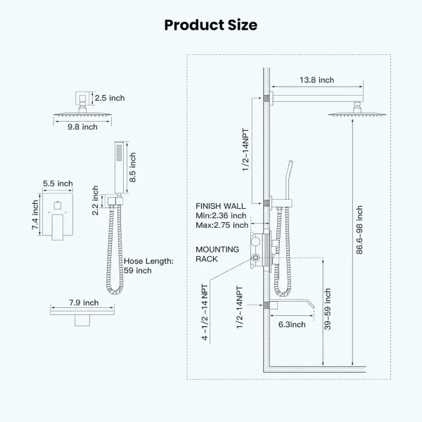 imagegotonovo 10 Rain Shower Faucet System Rainfall Shower Head with Handheld Sprayer Waterfall Tub Spout Wall Mounted Mixer Combo Roughin Valve and Trim Included 79 Inch Wide Spout Brushed NickelMatte Black