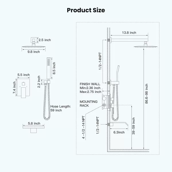 imagegotonovo 10 Rain Shower Faucet System Rainfall Shower Head with Handheld Sprayer Waterfall Tub Spout Wall Mounted Mixer Combo Roughin Valve and Trim Included 79 Inch Wide Spout Brushed NickelMatte Black