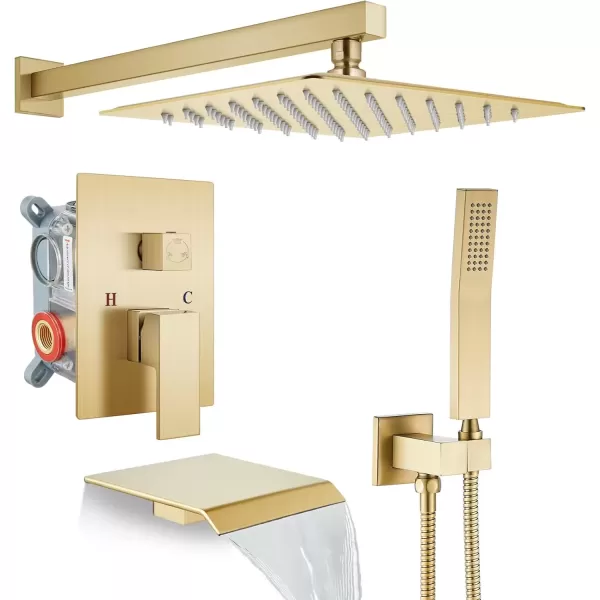 imagegotonovo 10 Rain Shower Faucet System Rainfall Shower Head with Handheld Sprayer Waterfall Tub Spout Wall Mounted Mixer Combo Roughin Valve and Trim Included 79 Inch Wide Spout Brushed NickelBrushed Gold
