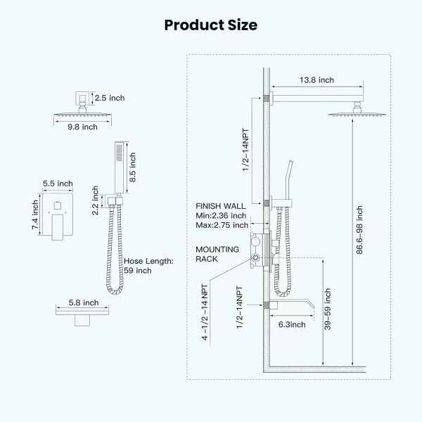 imagegotonovo 10 Rain Shower Faucet System Rainfall Shower Head with Handheld Sprayer Waterfall Tub Spout Wall Mounted Mixer Combo Roughin Valve and Trim Included 79 Inch Wide Spout Brushed NickelBrushed Gold