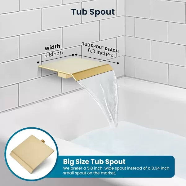 imagegotonovo 10 Rain Shower Faucet System Rainfall Shower Head with Handheld Sprayer Waterfall Tub Spout Wall Mounted Mixer Combo Roughin Valve and Trim Included 79 Inch Wide Spout Brushed NickelBrushed Gold