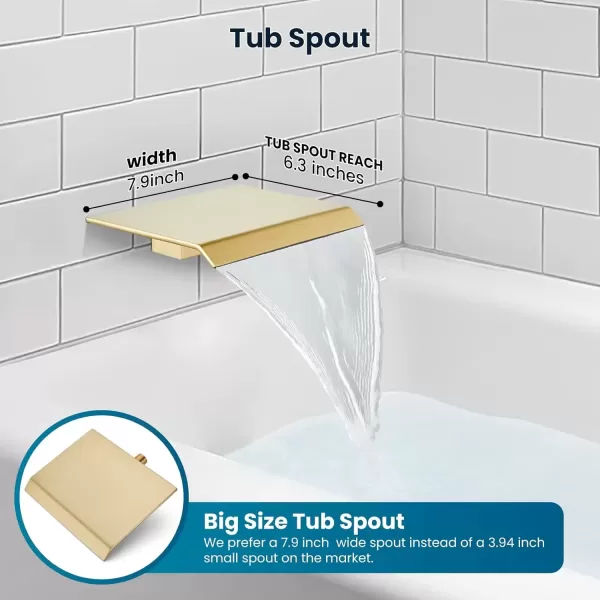 imagegotonovo 10 Rain Shower Faucet System Rainfall Shower Head with Handheld Sprayer Waterfall Tub Spout Wall Mounted Mixer Combo Roughin Valve and Trim Included 79 Inch Wide Spout Brushed NickelBrushed Gold