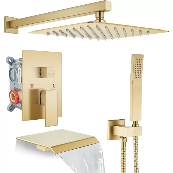 imagegotonovo 10 Rain Shower Faucet System Rainfall Shower Head with Handheld Sprayer Waterfall Tub Spout Wall Mounted Mixer Combo Roughin Valve and Trim Included 79 Inch Wide Spout Brushed NickelBrushed Gold