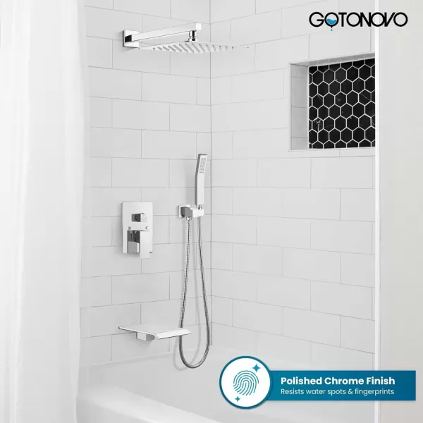 imagegotonovo 10 Rain Shower Faucet System Rainfall Shower Head with Handheld Sprayer Waterfall Tub Spout Wall Mounted Mixer Combo Roughin Valve and Trim Included 79 Inch Wide Spout Brushed NickelPolished Chrome