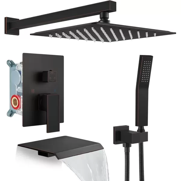 imagegotonovo 10 Rain Shower Faucet System Rainfall Shower Head with Handheld Sprayer Waterfall Tub Spout Wall Mounted Mixer Combo Roughin Valve and Trim Included 79 Inch Wide Spout Brushed NickelOil Rubbed Bronze