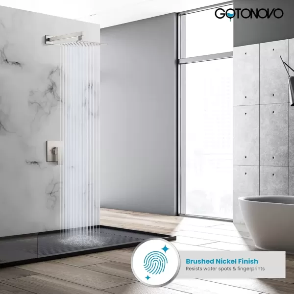 imagegotonovo 10quot Rain Shower System Brushed Nickel Luxury High Pressure Shower Head Bathroom Shower Faucet Set Roughin Valve and Shower Trim IncludedBrushed Nickel