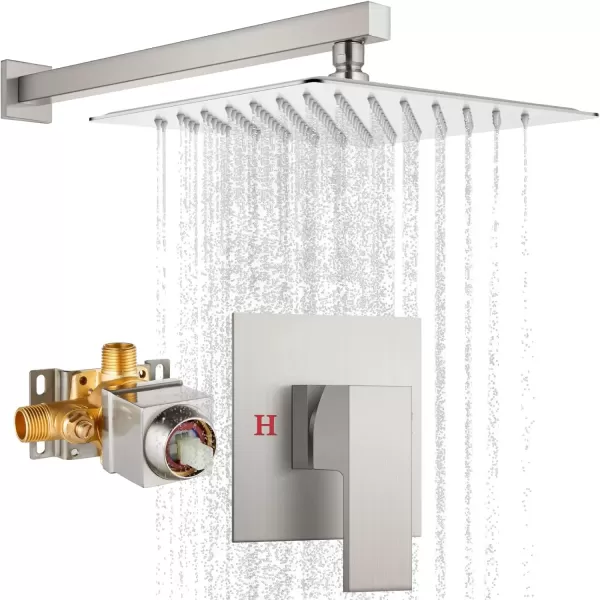 imagegotonovo 10quot Rain Shower System Brushed Nickel Luxury High Pressure Shower Head Bathroom Shower Faucet Set Roughin Valve and Shower Trim IncludedBrushed Nickel