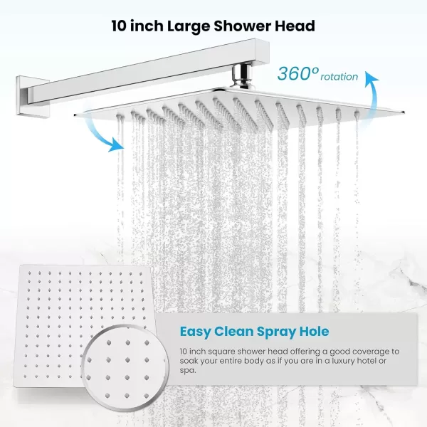 imagegotonovo 10quot Rain Shower System Brushed Nickel Luxury High Pressure Shower Head Bathroom Shower Faucet Set Roughin Valve and Shower Trim IncludedPolish Chrome