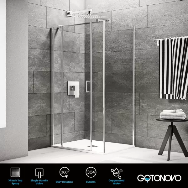 imagegotonovo 10quot Rain Shower System Brushed Nickel Luxury High Pressure Shower Head Bathroom Shower Faucet Set Roughin Valve and Shower Trim IncludedPolish Chrome